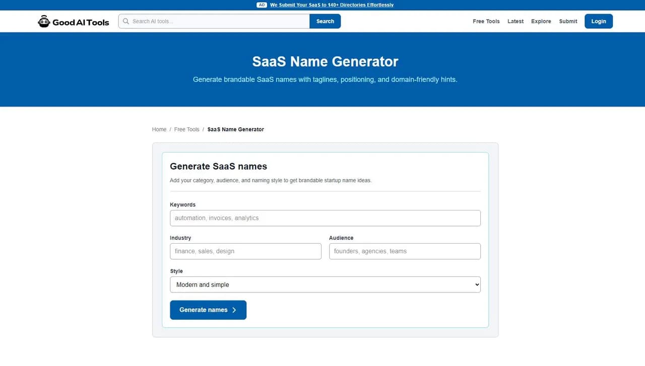SaaS Name Generator Screenshot