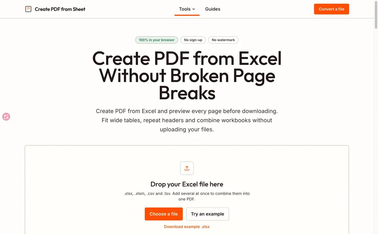 Create PDF from Excel Online Screenshot