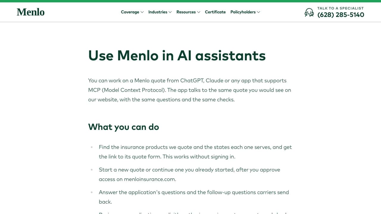 Menlo Insurance Customer Quote MCP Screenshot